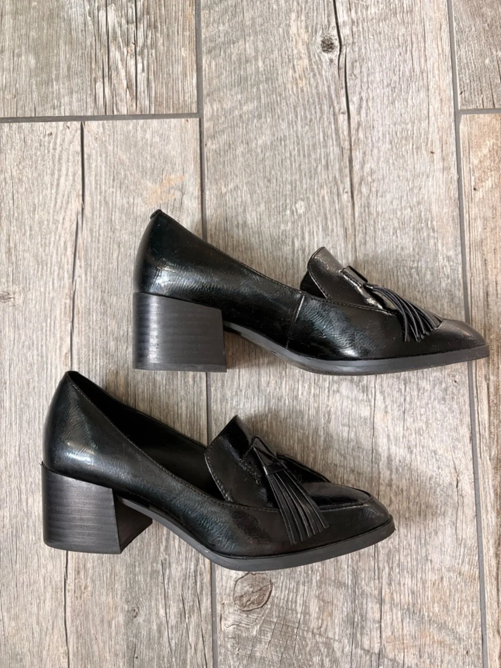 Marc Fisher Black Patent Tassel Loafer Heels for Women